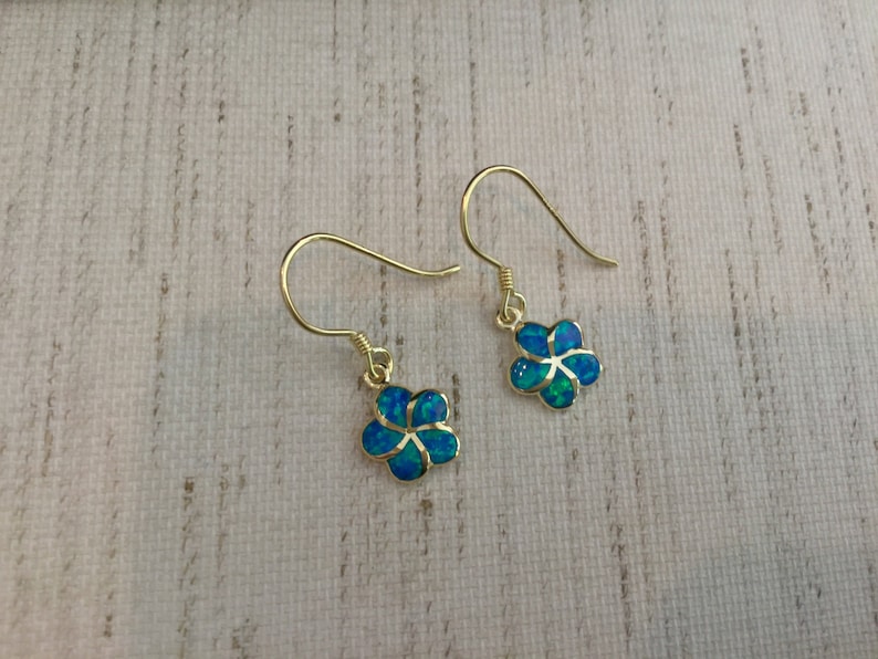 Made In Hawaii Hawaiian Jewelry Gold Flower Jewelry Pua Melia Blue Opal Sterling Silver w 14K Gold Plumeria Earrings Green Opal