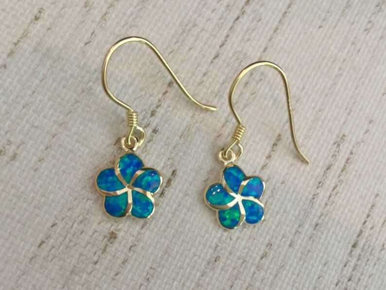 Made In Hawaii Hawaiian Jewelry Gold Flower Jewelry Pua Melia Blue Opal Sterling Silver w 14K Gold Plumeria Earrings Green Opal