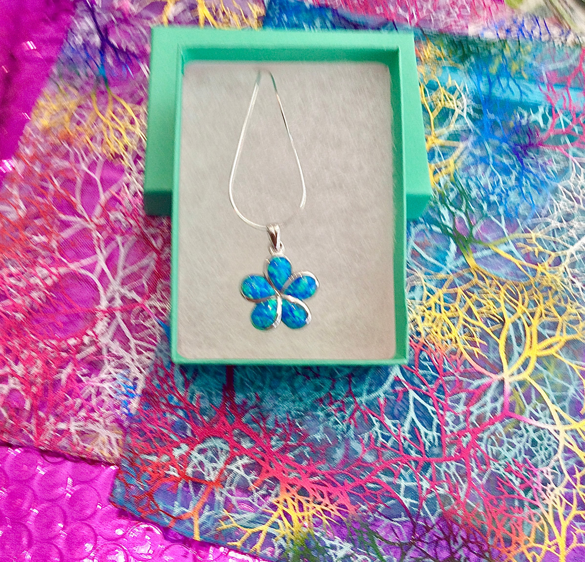 Sterling Silver Blue Fire Opal Plumeria Necklace, Hawaiian Floral