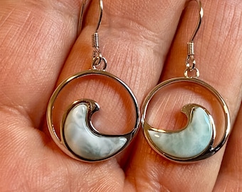 Wave Jewelry, Larimar Wave, Wave Earrings, Made In Hawaii, Larimar Jewelry, Hawaiian jewelry, Hawaiian Earrings, ʻAnalu Pulu Blue, Larimar