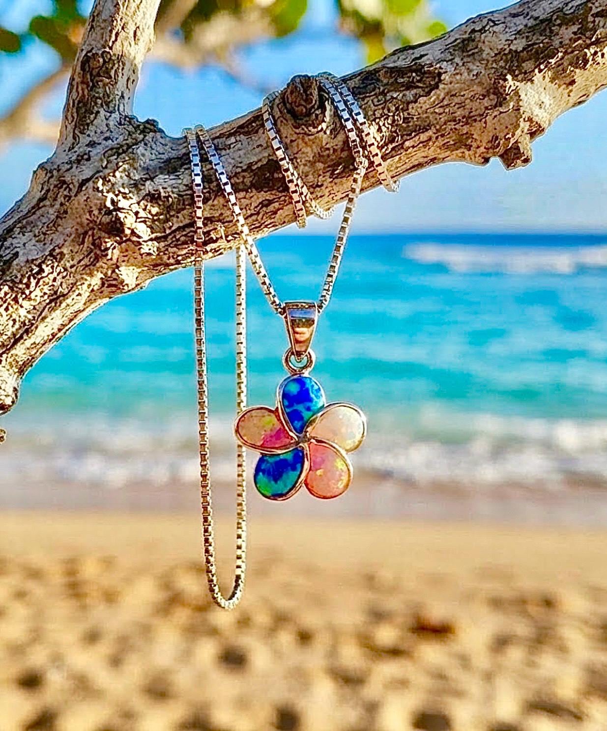 Small Sterling Silver Rhodium Multicolor Opal Plumeria Flower
