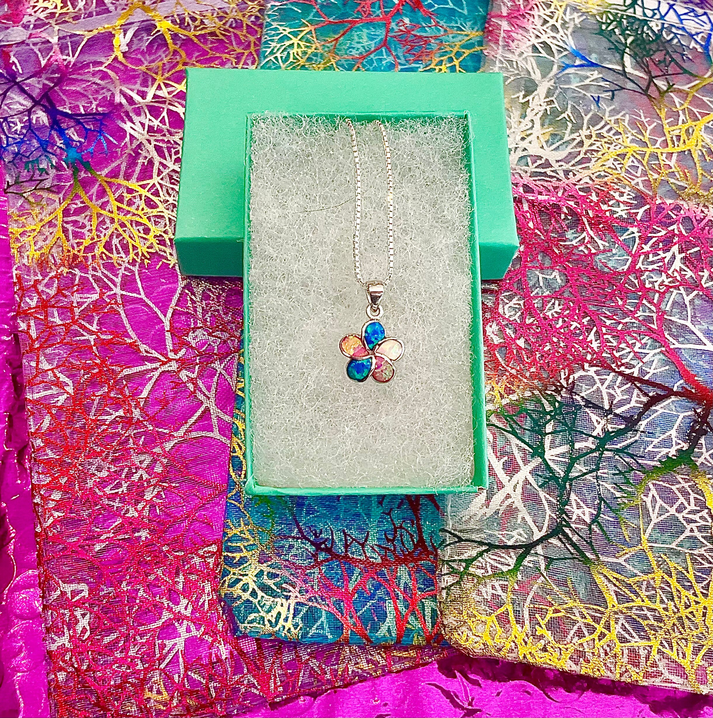 Sterling Silver Small Multicolor Lab Opal Hawaiian Plumeria Flower