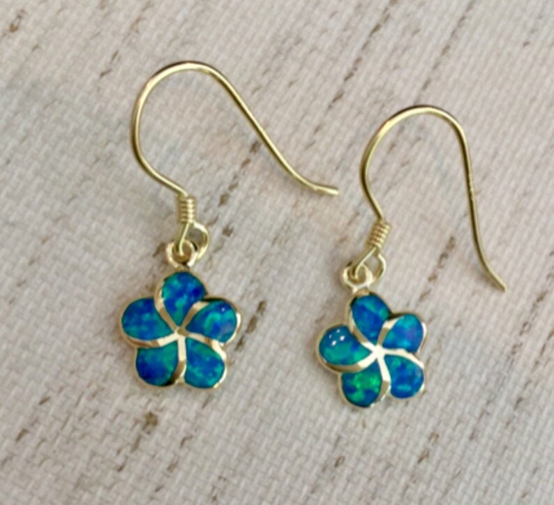 Made In Hawaii Hawaiian Jewelry Gold Flower Jewelry Pua Melia Blue Opal Sterling Silver w 14K Gold Plumeria Earrings Green Opal