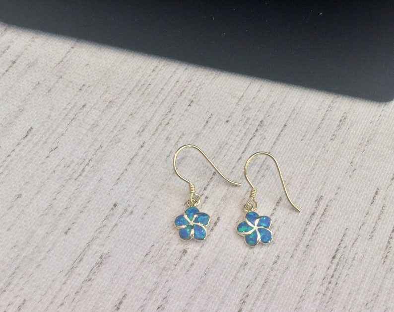 Made In Hawaii Hawaiian Jewelry Gold Flower Jewelry Pua Melia Blue Opal Sterling Silver w 14K Gold Plumeria Earrings Green Opal
