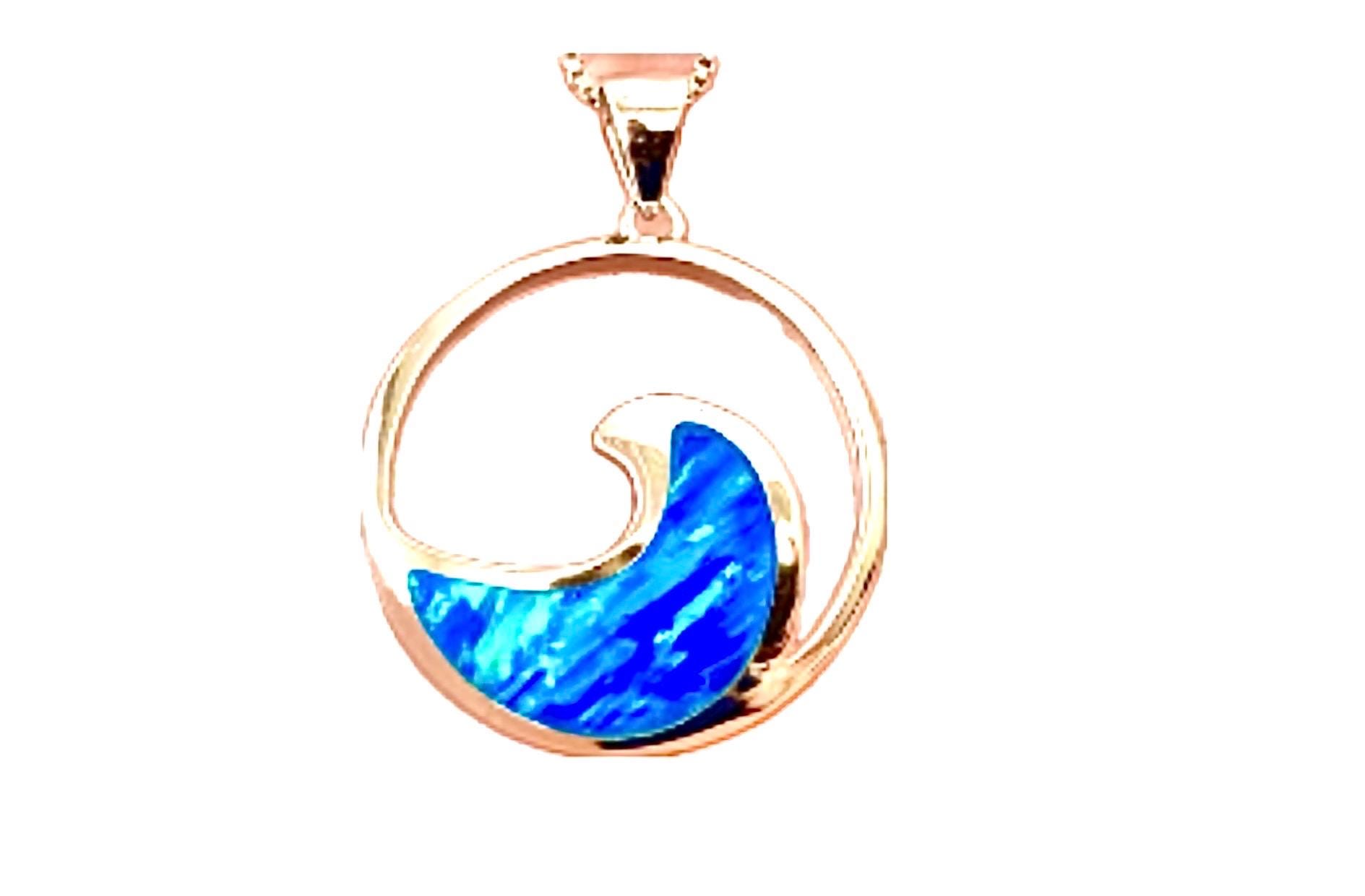 Sterling Silver Wave Necklace, Blue Opal Wave Pendant