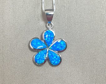 Luxe Blue Opal Sterling Silver Hawaiian Blue Fire Opal Plumeria Floral Necklace with Free Chain up to 20”, Made In Hawaii, Friendship Gift
