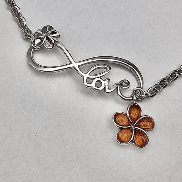 Sterling Silver Hawaiian Koa Wood Love Plumeria Flower Infinity Anklet, Wood Jewelry, Hawaiian Jewelry, Flower Anklet, Made In Hawaii