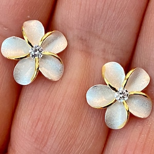 Sterling Silver w/ Gold Outline Plumeria Earrings, Plumeria Studs, Hawaiian Studs, Flower Studs, Hawaiian Earrings, Flower Earrings, Hawaii