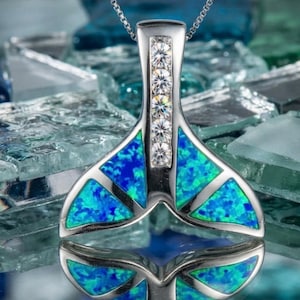Large & Substantial Blue Opal Sterling Silver Unisex Whales Tail Hawaiian Humpback Cubic Zirconia Necklace, Made In Hawaii