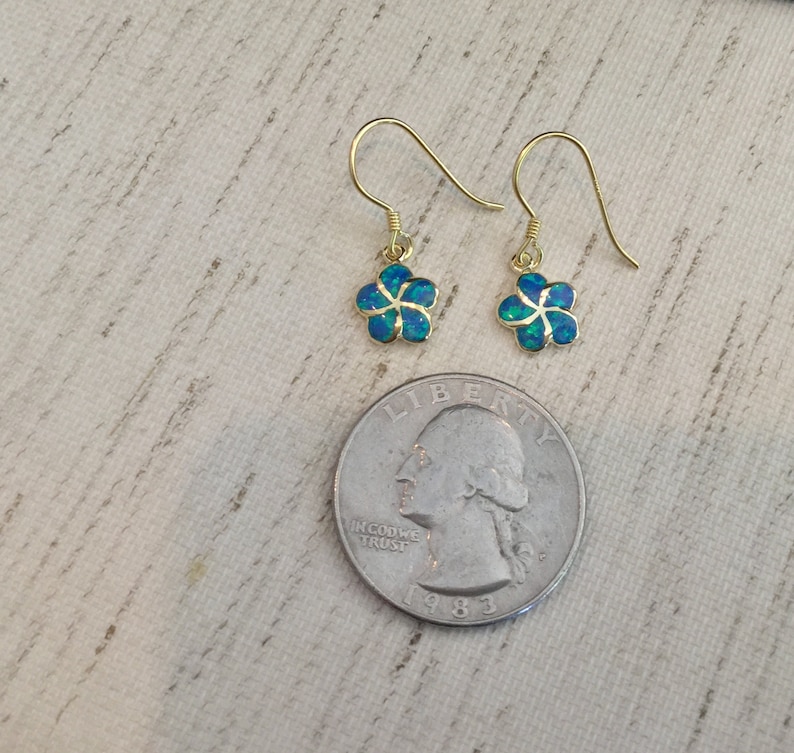 Made In Hawaii Hawaiian Jewelry Gold Flower Jewelry Pua Melia Blue Opal Sterling Silver w 14K Gold Plumeria Earrings Green Opal