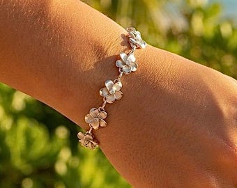 Hawaiian Rhodium Sterling Silver Plumeria Flower Cubic Zirconia Bracelet, Sterling Silver Flower Bracelet, Made in Hawaii