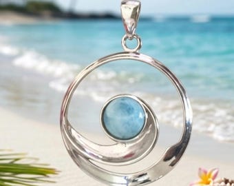 Larimar Wave Necklace, Hawaiian Nalu Jewelry, Sterling Silver Ocean Necklace, Free Chain