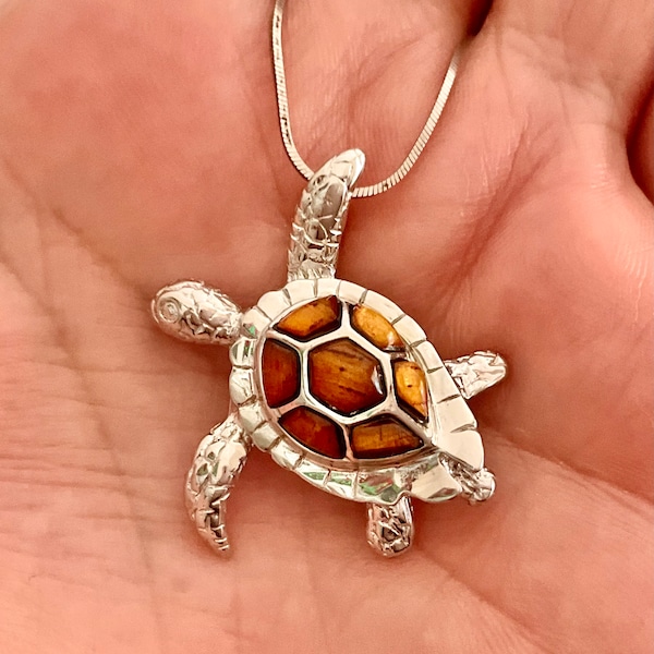 Collar grande de tortuga marina de madera de koa de plata esterlina hawaiana, joyería Honu, collar, hecho en Hawái, collar hawaiano, Kalai Honu Laau