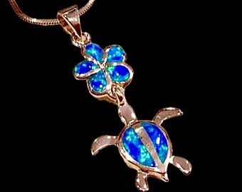 Blue Opal Sea Turtle Plumeria Necklace, Sterling Silver Hawaiian Honu Pendant, Tropical Jewelry, Made In Hawaii, Free Chain