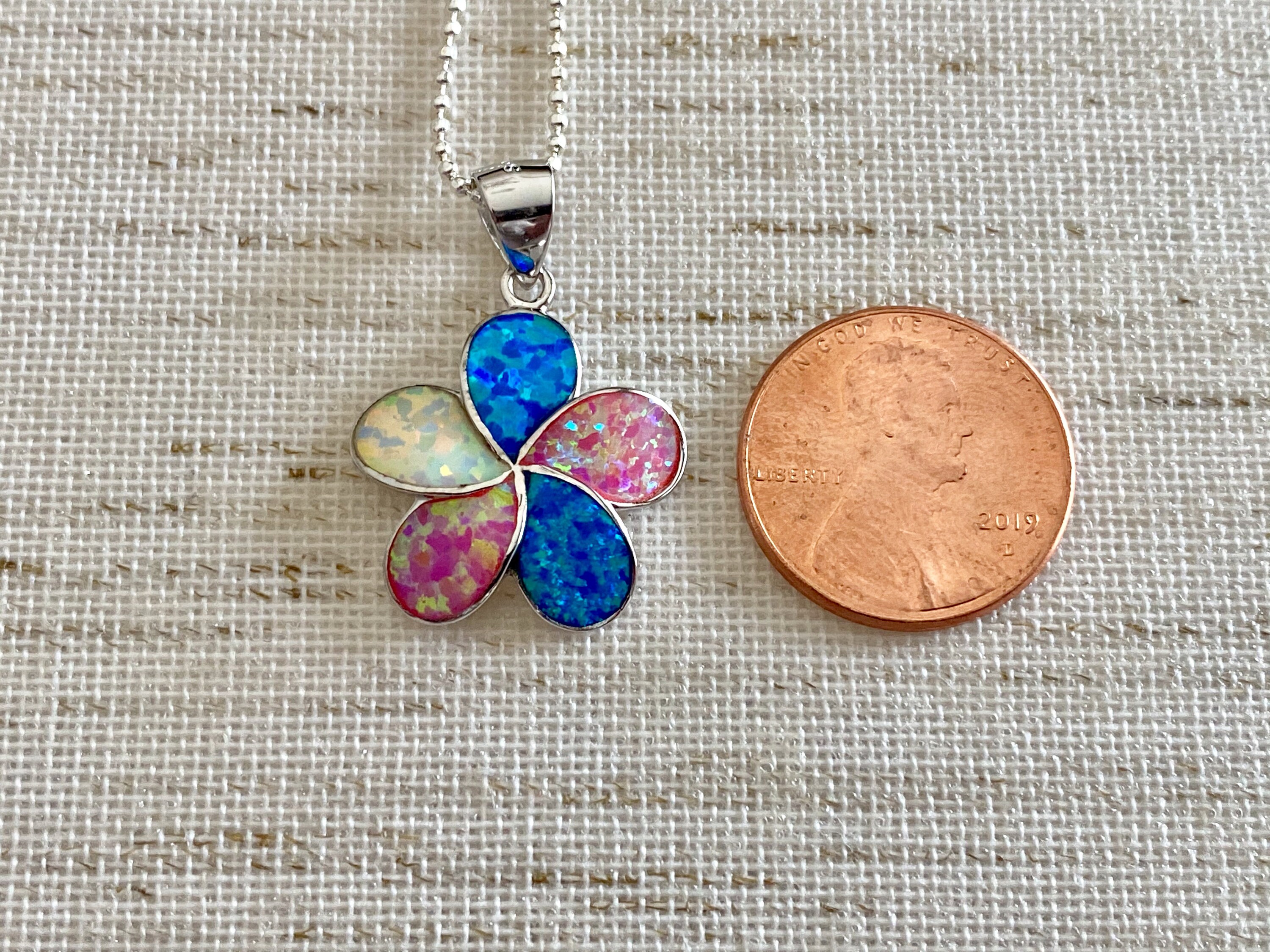 Sterling Silver Multicolor Lab Opal Hawaiian Plumeria Necklace