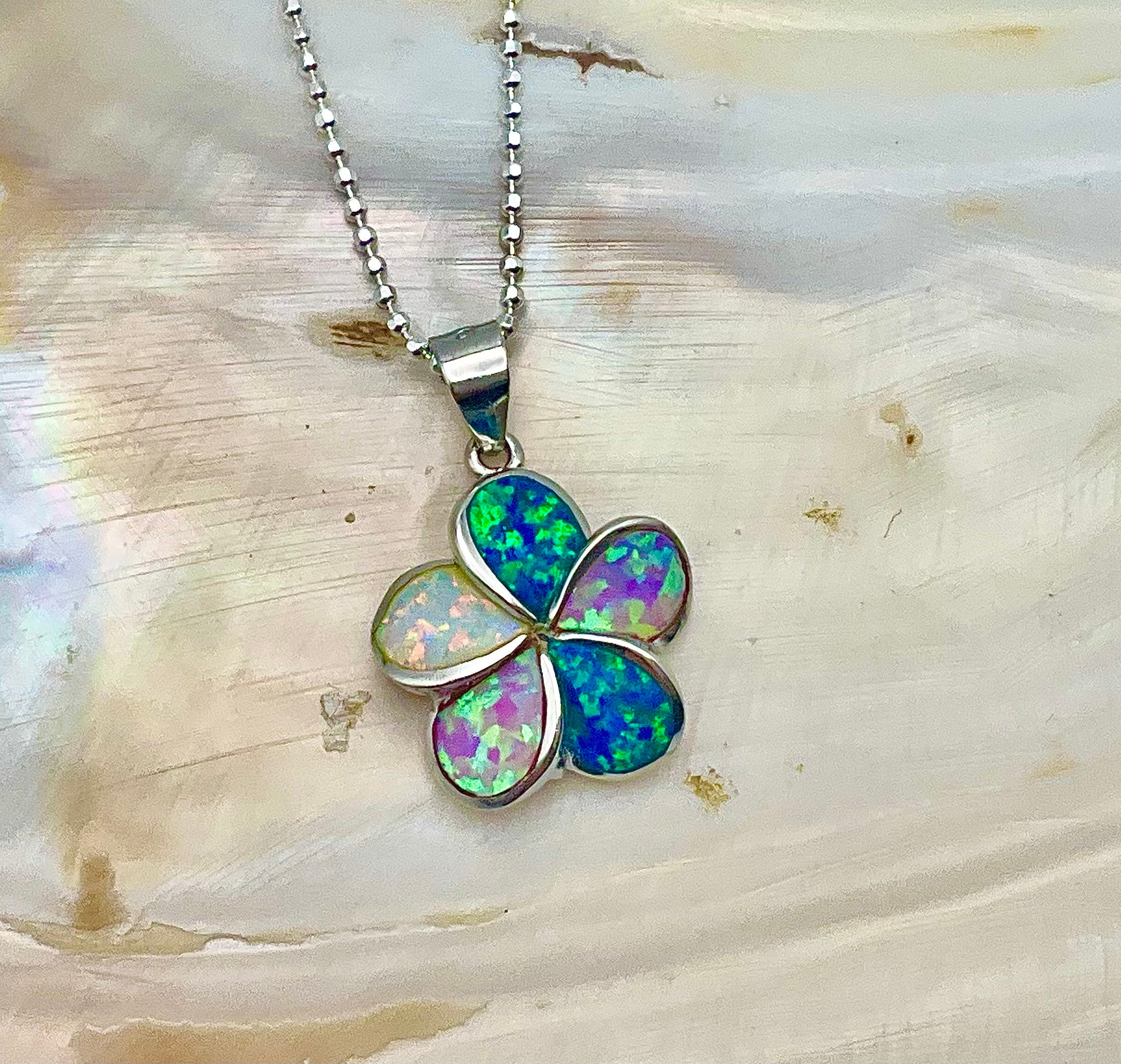 Small Sterling Silver Rhodium Multicolor Opal Plumeria Flower