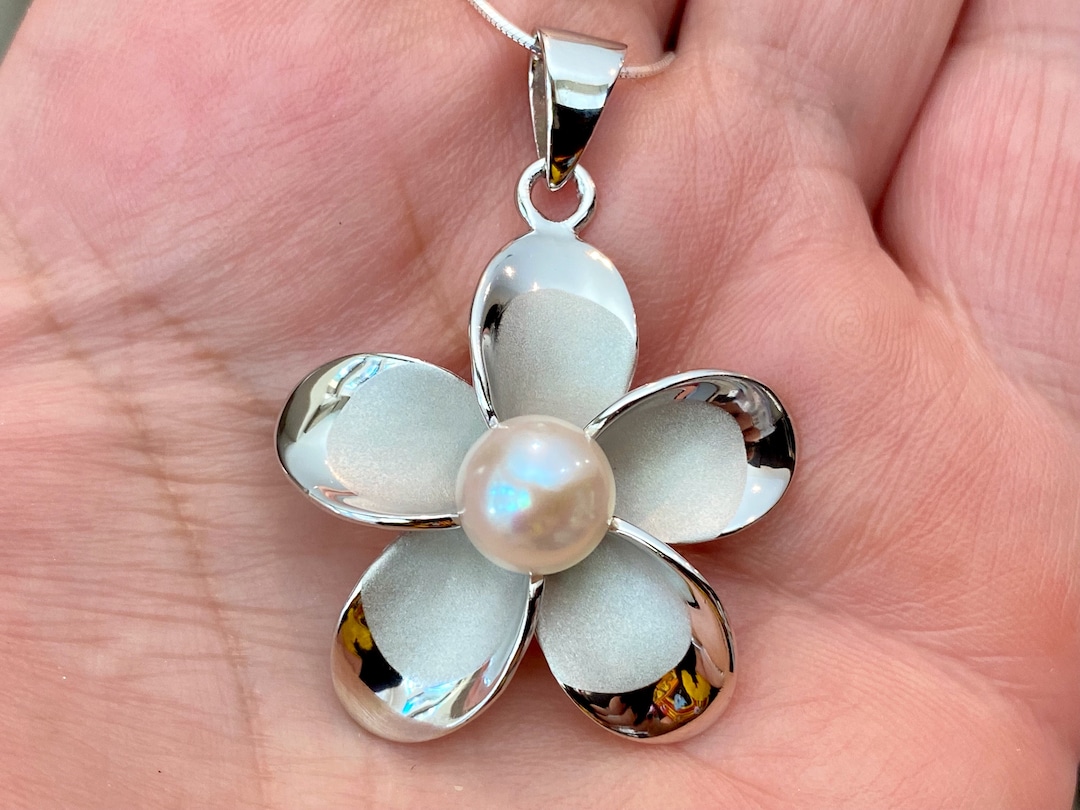 Large Sterling Silver Plumeria Pendant W/ Genuine Freshwater Pearl