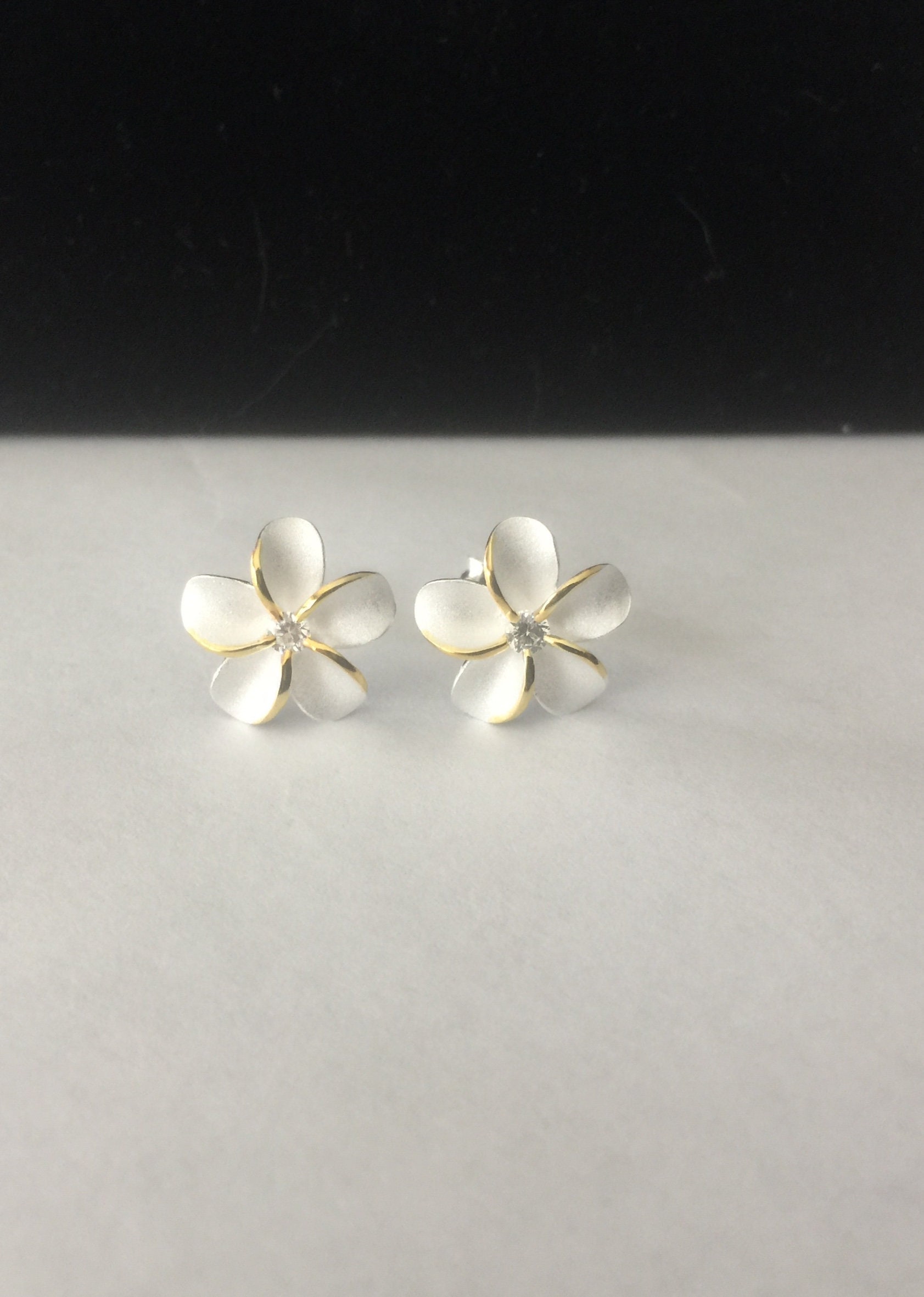 Sterling Silver W/ 14K Gold Pua Melia Earrings, Plumeria Studs, Hawaiian Studs, Flower Earrings, Hawaiian Earrings, Made In Hawaii, Gifts