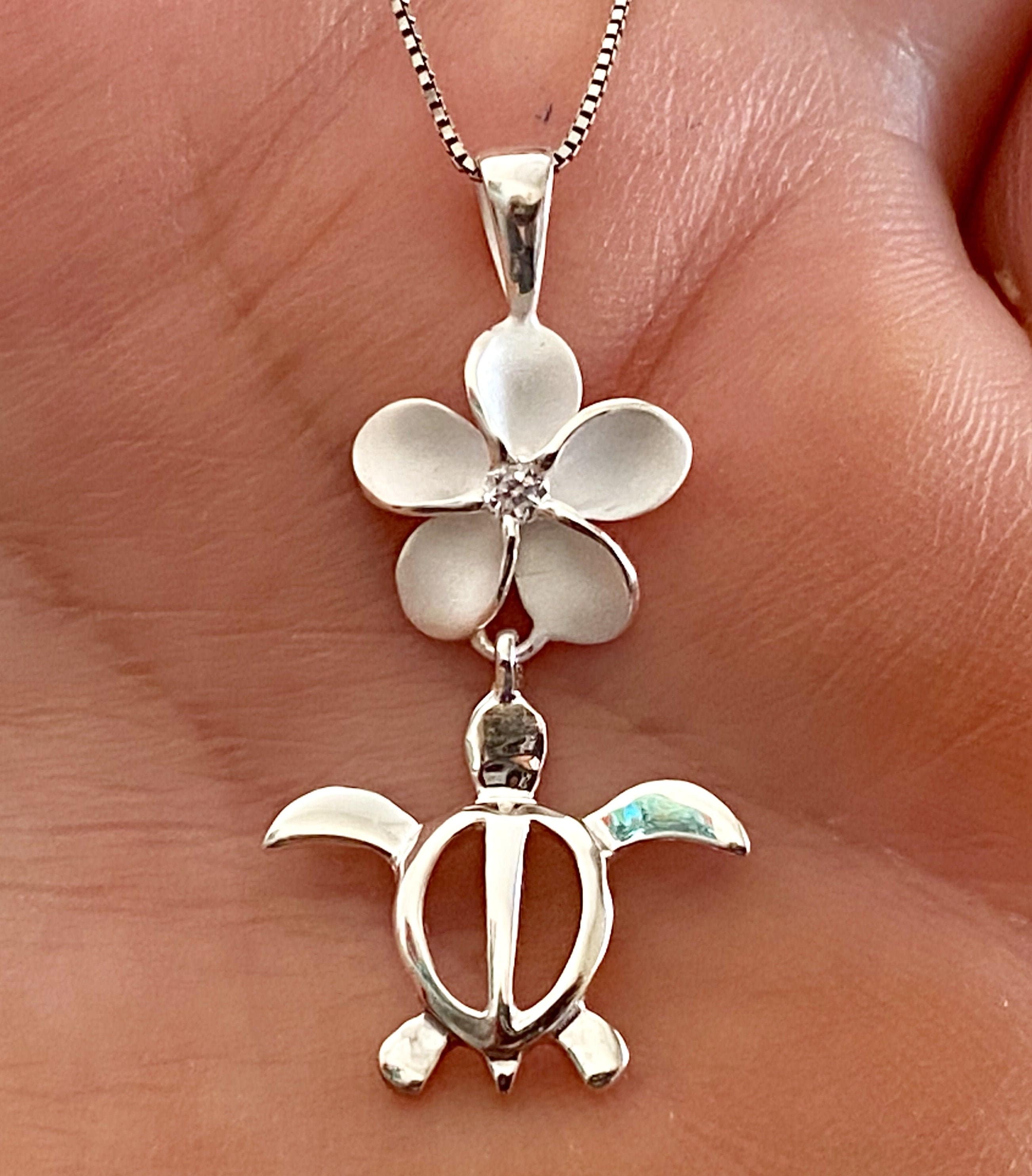 アクセサリー HAWAIIAN SILVER NECKLACE Sterling Silver Sea Turtle Hawaiian Plumeria Flower Necklace
