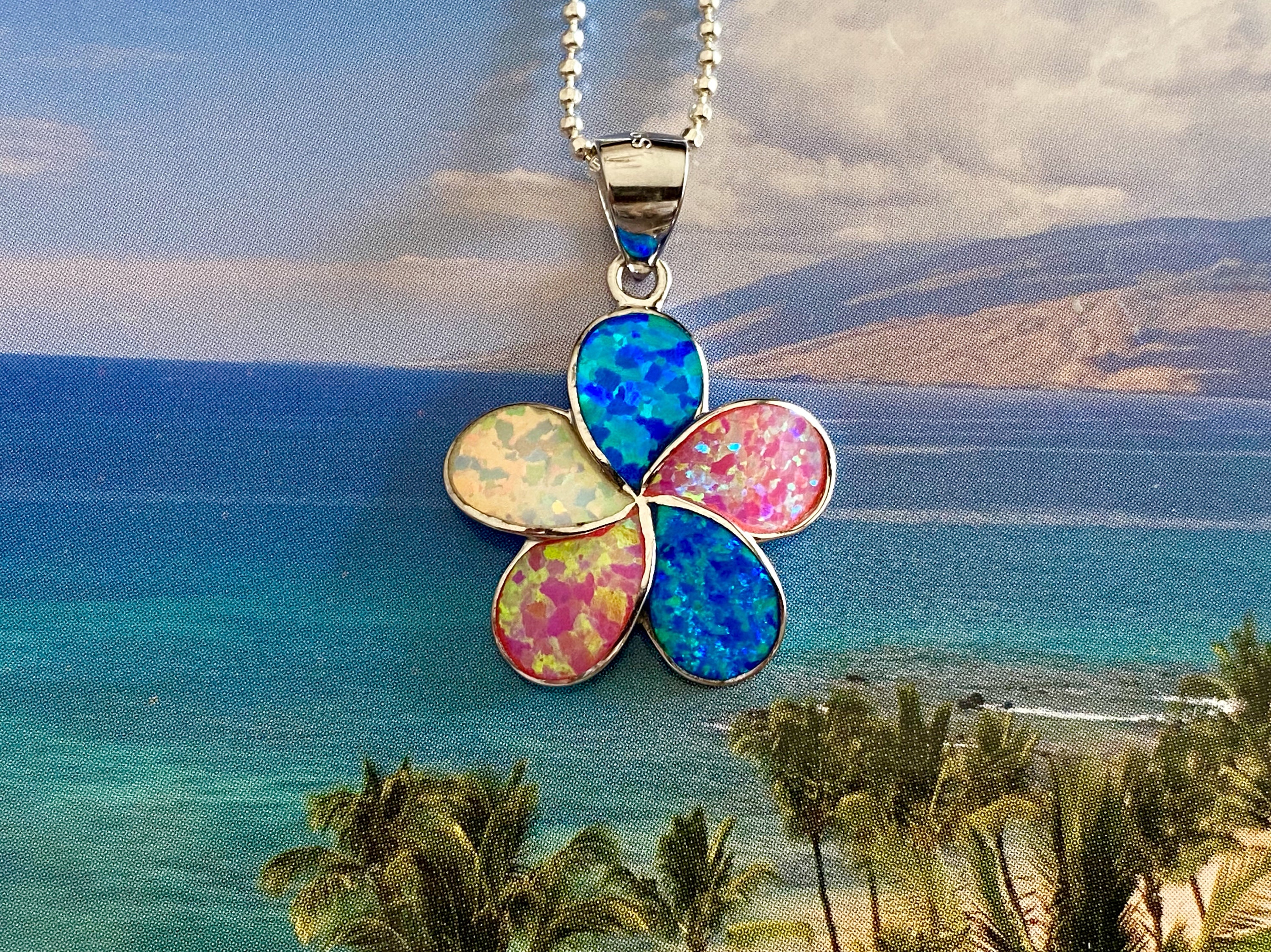 【multicolor】Plumeria opal necklace Small Sterling Silver Rhodium Multicolor Opal Plumeria Flower