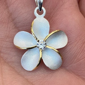 Sterling Silver W/ Gold Hawaiian Plumeria Flower Pua Melia Necklace, Plumeria Necklace, Hawaiian necklace, Plumeria jewelry, Made In Hawaii