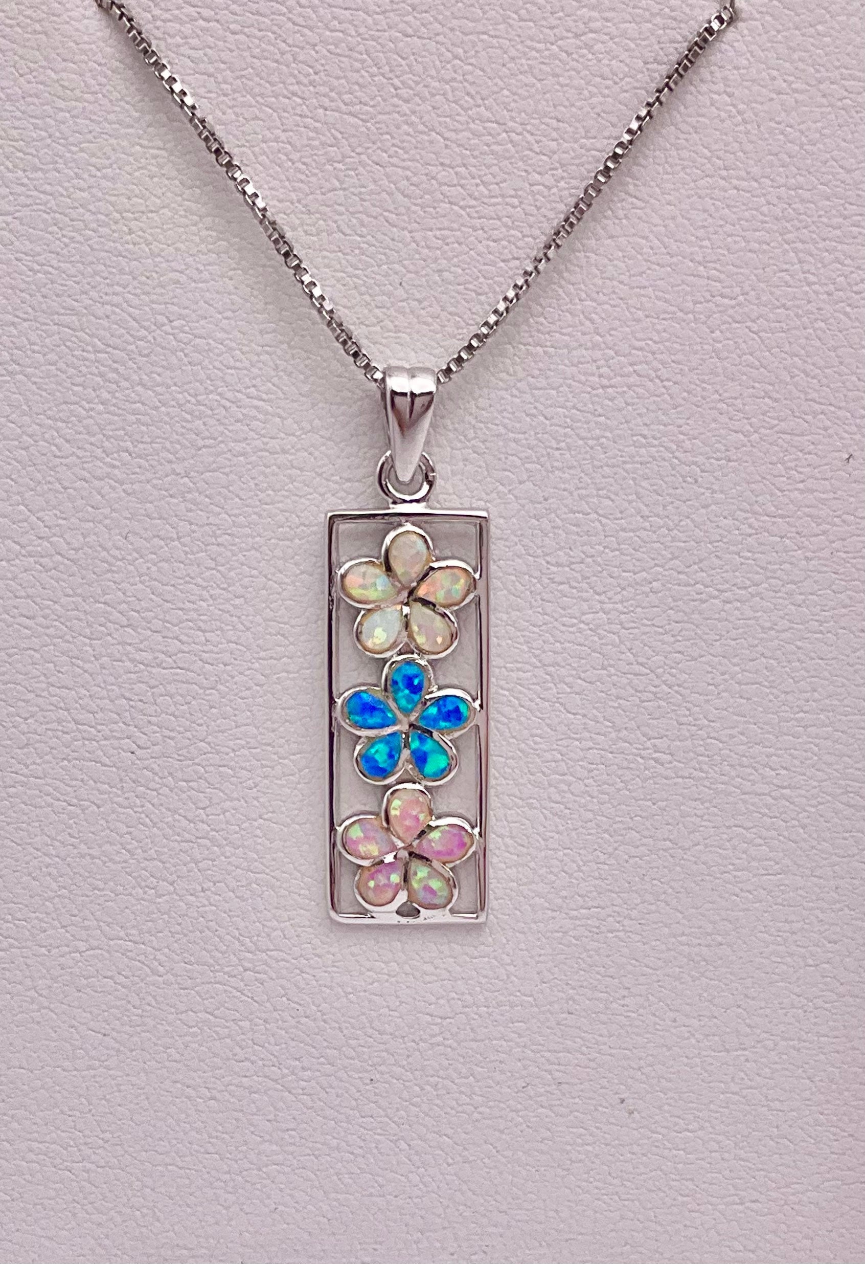 【multicolor】Plumeria opal necklace Sterling Silver Multicolor Lab Opal Plumeria Pua Melia Past