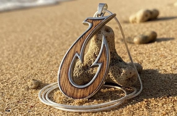 Unique Hawaiian Koa Wood Fish Hook Necklace, Sterling Silver
