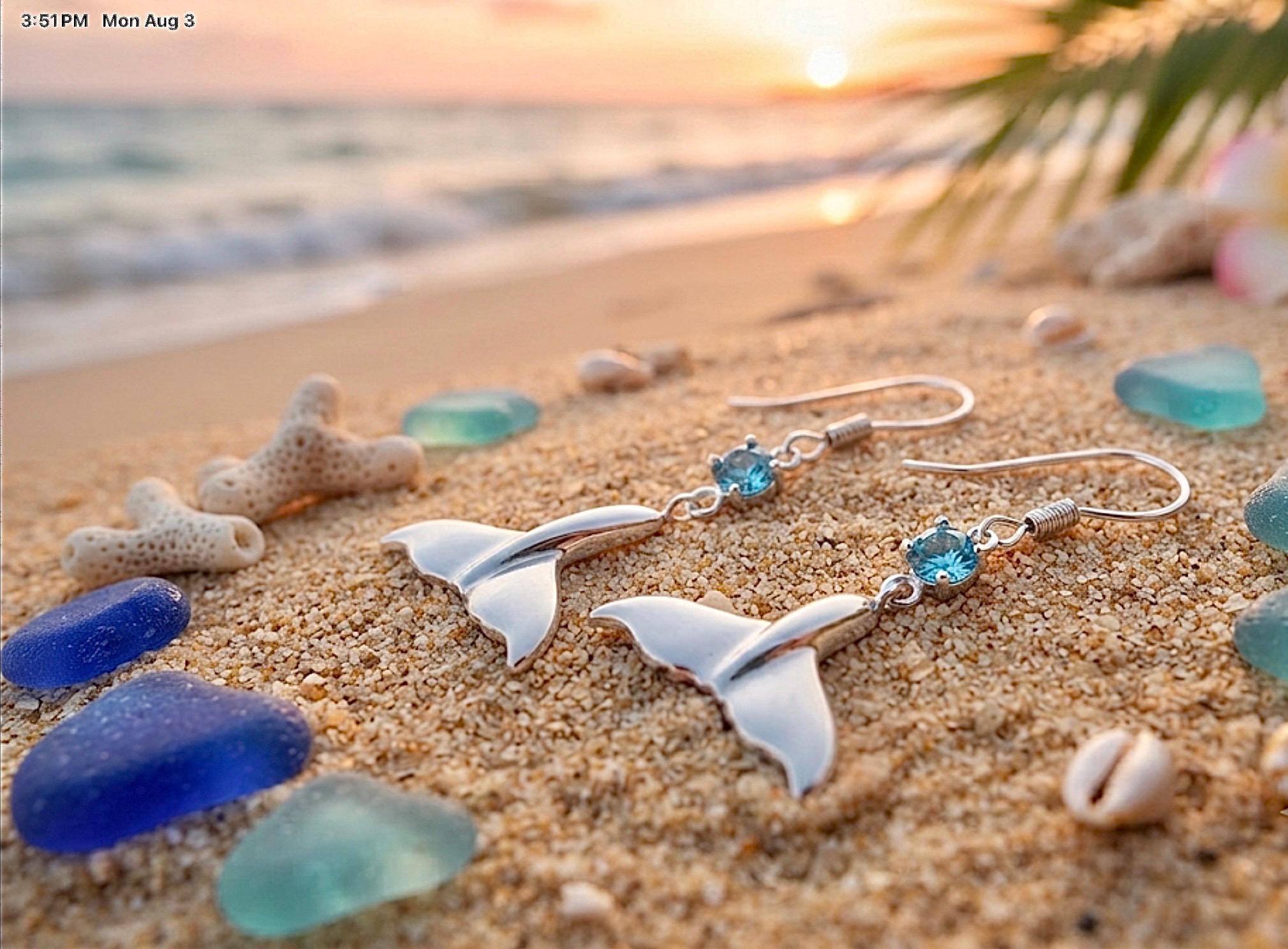 Sterling Silver Rhodium Whales Tail Blue Topaz Earrings, Made in