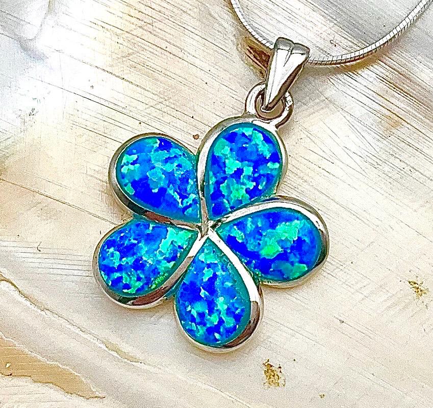 Sterling Silver Blue Fire Opal Plumeria Necklace, Hawaiian Floral