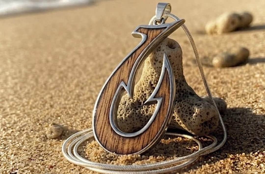 Unique Hawaiian Koa Wood Fish Hook Necklace, Sterling Silver