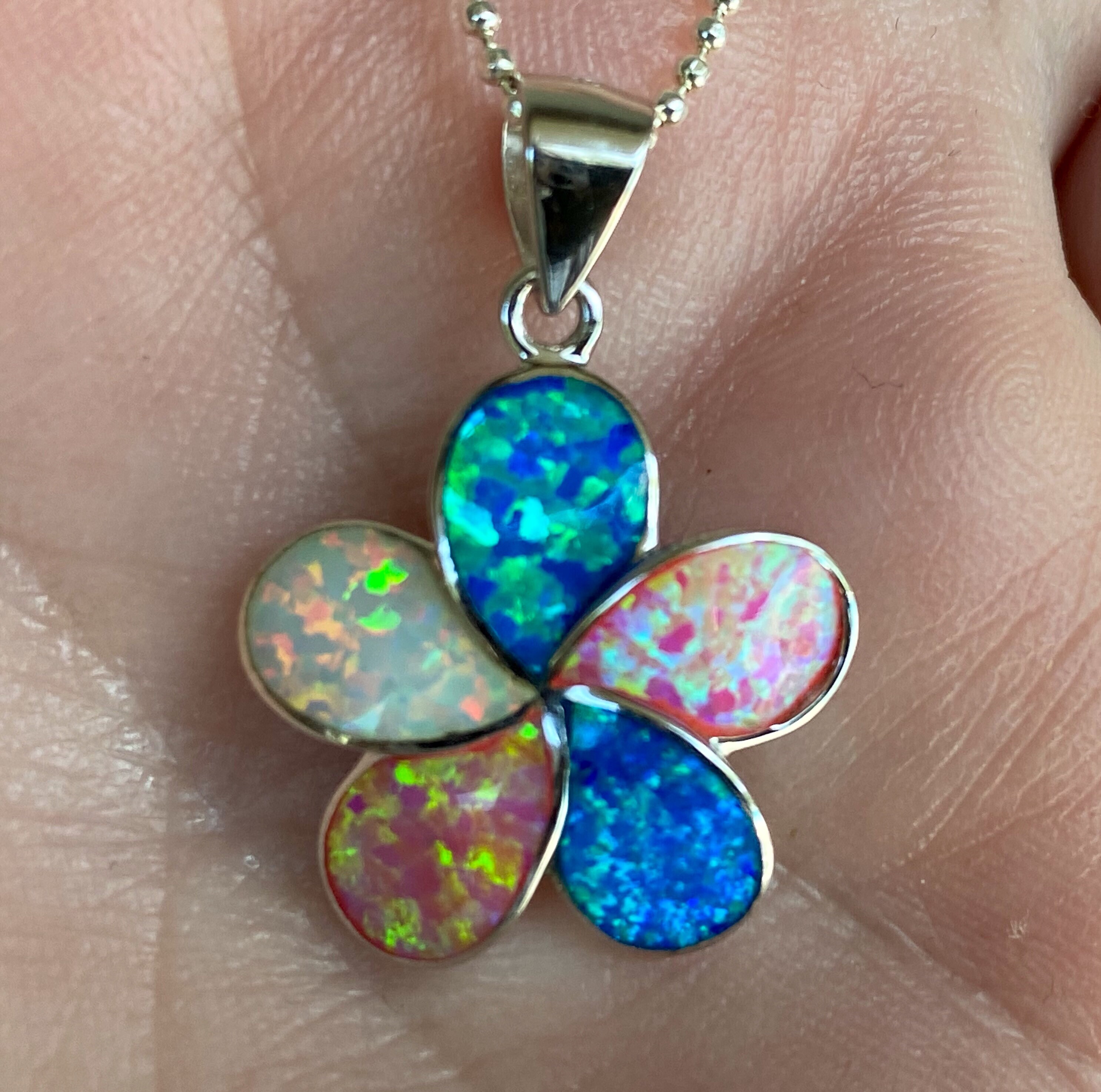 Sterling Silver Multicolor Lab Opal Hawaiian Plumeria Necklace
