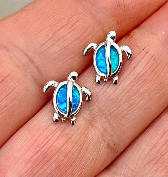 Sterling Silver Blue Created Opal Turtle Post Stud Earrings Sterling Silver Blue Created Opal Turtle Post Stud Earrings