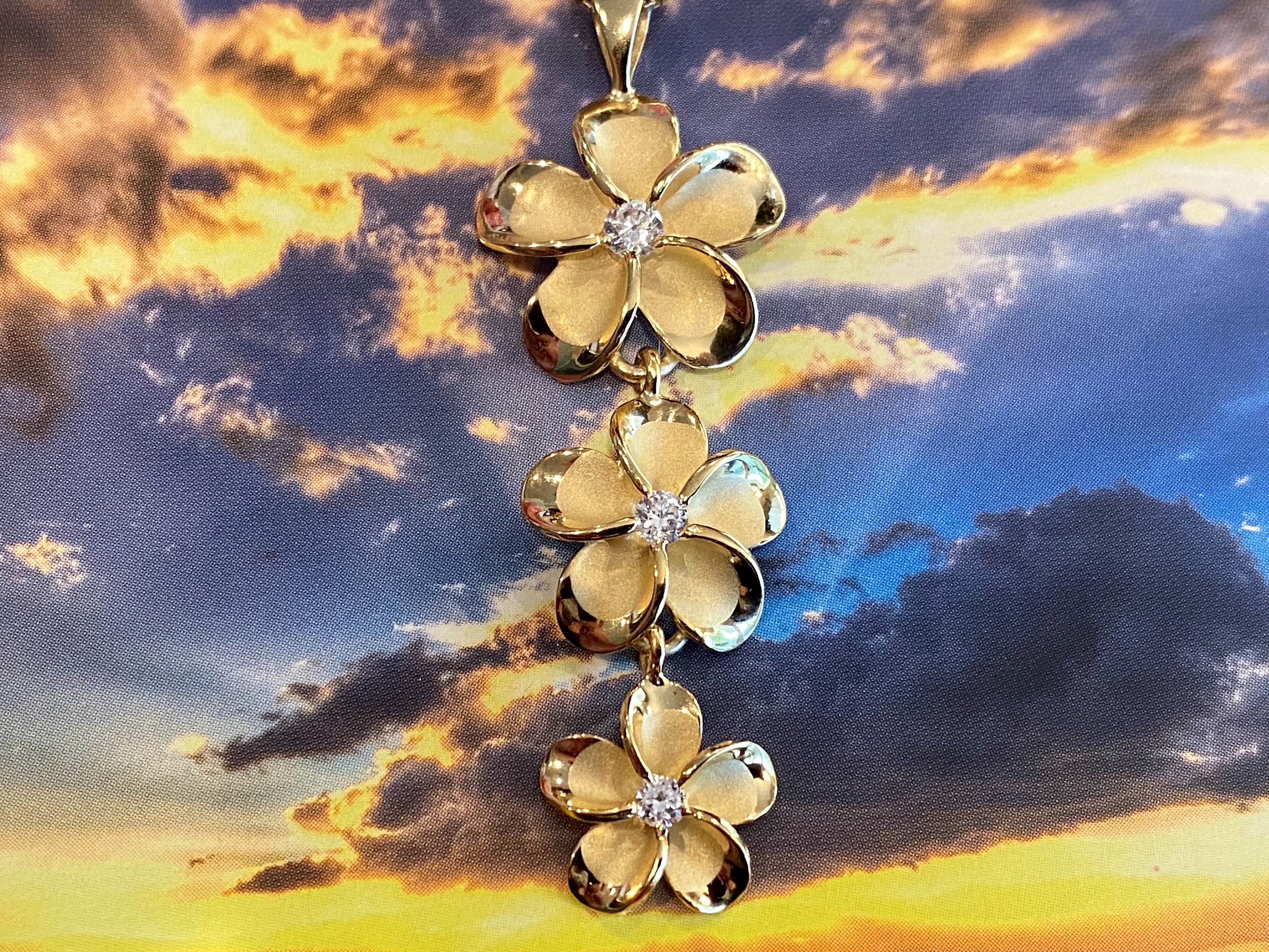 14kt Solid Yellow Gold Horizontal Hawaiian Plumeria with Diamond Slide  Pendant - Elegant Hawaiian Jewelry