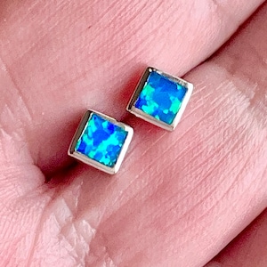 Small Sterling Silver Blue Fire Opal Square Stud Earrings, Hawaiian Jewelry, Opal Jewelry, Small Studs, Kids Earrings, Made In Hawaii