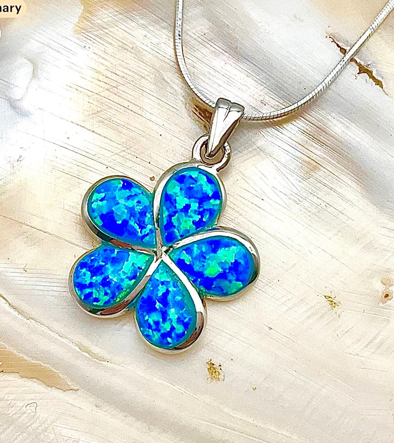 Sterling Silver Blue Fire Opal Plumeria Necklace, Hawaiian Floral