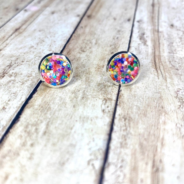 Confetti Glitter Stud Earrings, Sparkle Studs, Rainbow Earrings, Hypoallergenic Earrings, Little girl studs, Gifts For Daughter