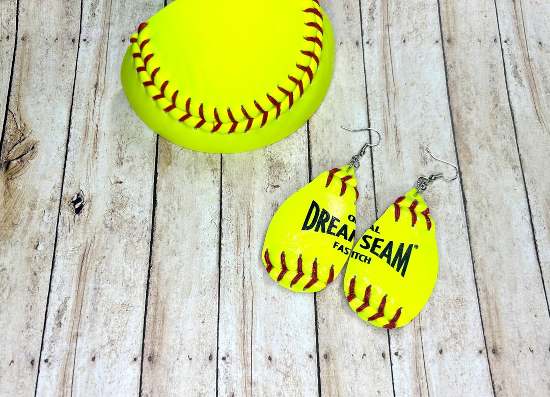 Real Softball Earrings, Leather Softball Earrings, Softball Studs