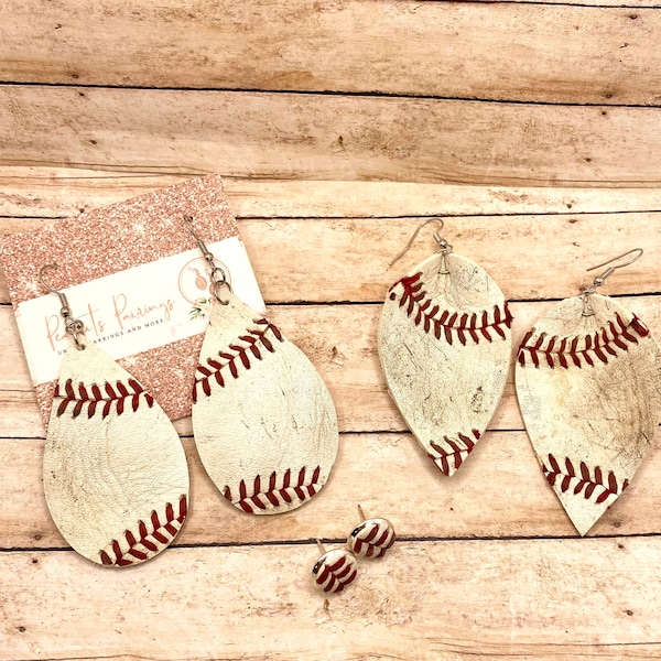 Real baseball earrings, leather baseball earrings, worn baseball earrings, stud baseball earrings, teardrop baseball earrings