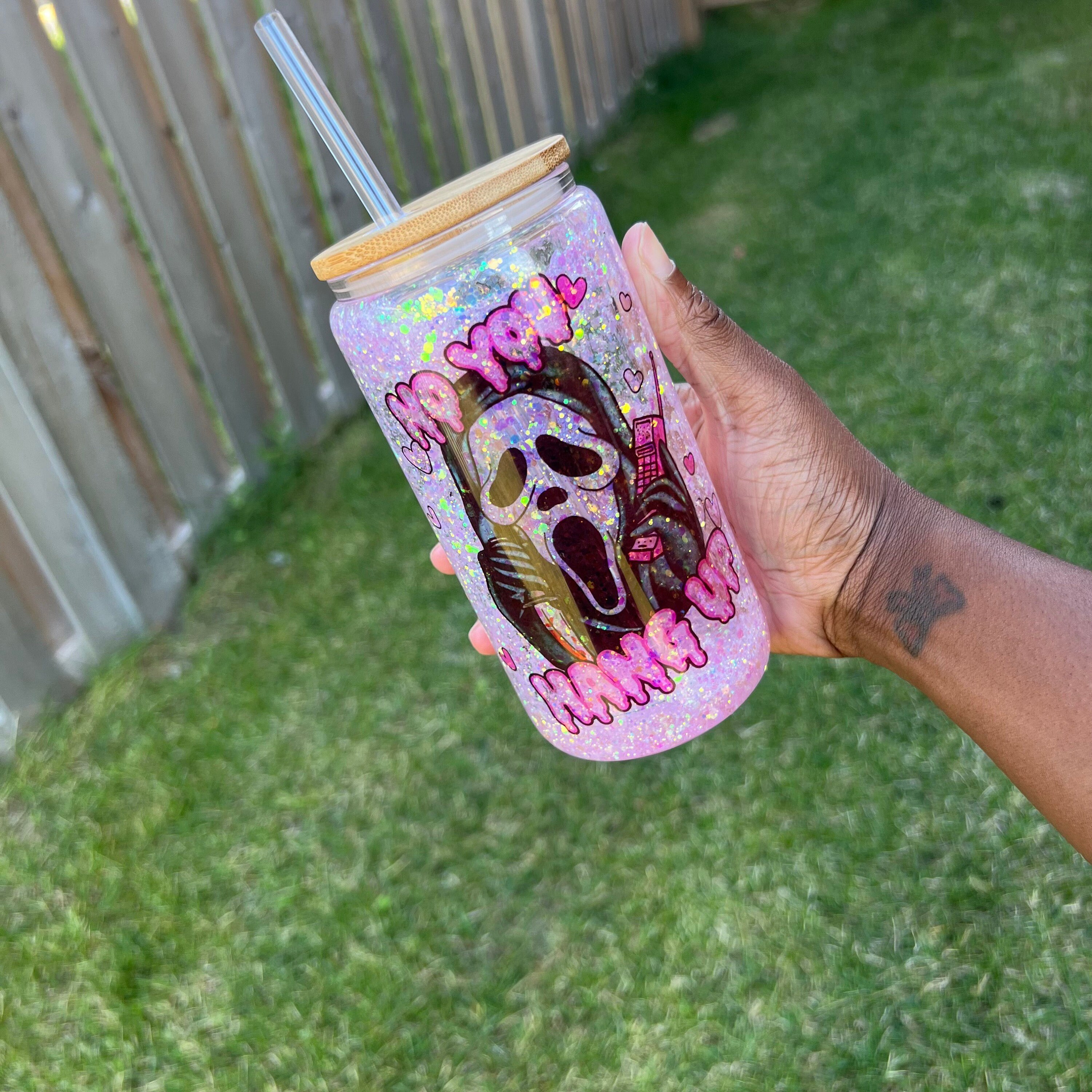 Scream Pink Glitter Snow Globe Glass Can, Girly Gift. Snow Globe Glass