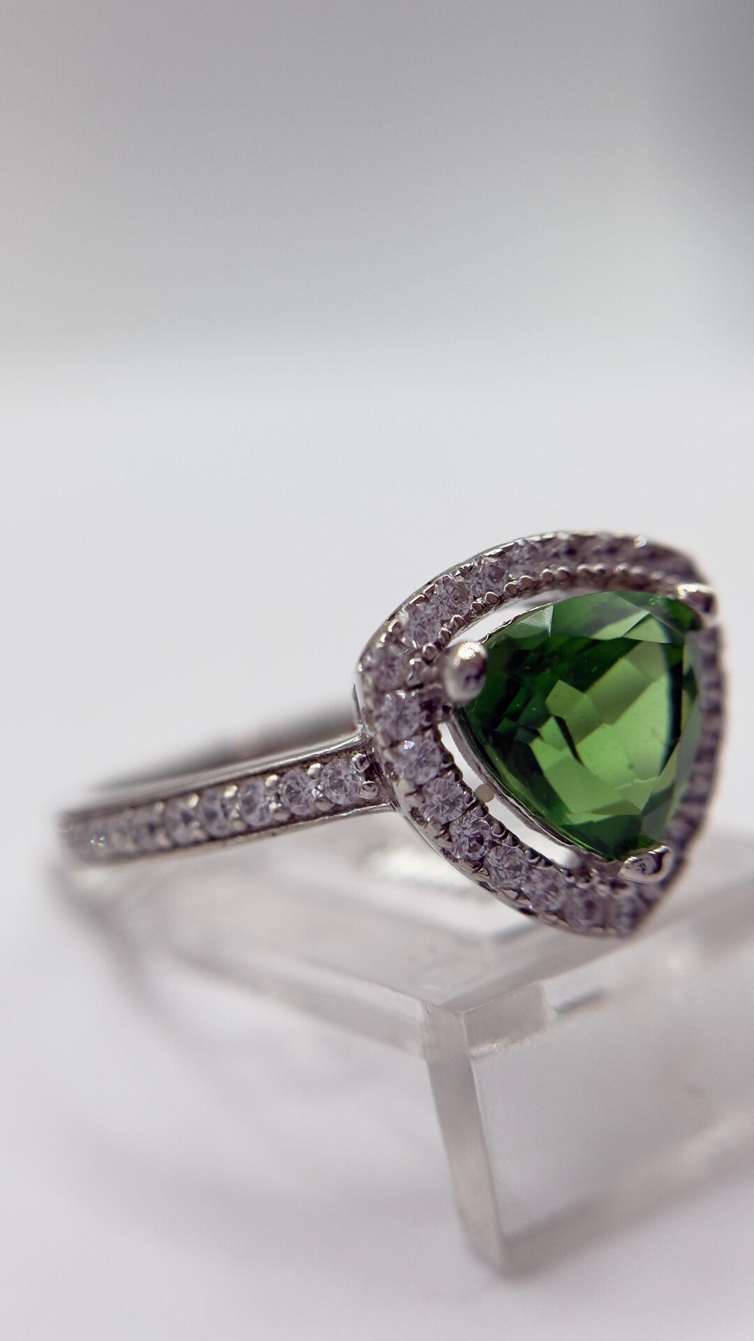 Helenite Rings Green Helenite Trillion Halo Ring – Sterling Silver Gemstone Statement ...
