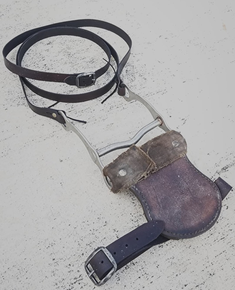 May include: A brown leather strap with a silver metal stirrup and a brown leather flap. The strap is wrapped around the stirrup and the flap is attached to the stirrup.