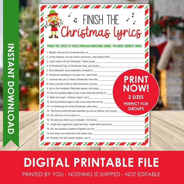 Christmas Song Trivia Game, Christmas Party Games PRINTABLE, Finish the Lyrics for Adults & Kids Large Group, Christmas Family Activities