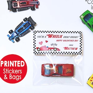 Car Valentines Day Stickers and Bags, PRINTED Wheelie Race Car Valentine Treat Bag Favor for Kids, Classroom Non Candy Free School for boys