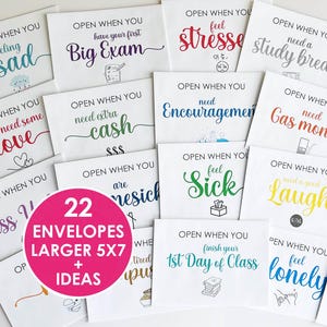 May include: A collection of white envelopes with colorful printed text and illustrations. Each envelope features the phrase Open When You followed by specific life situations like Big Exam, feel stressed, need a study break, or need extra cash.