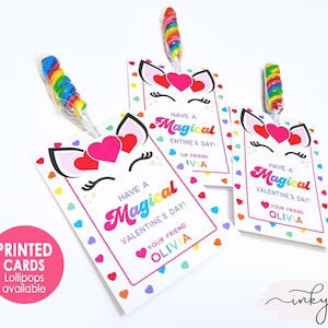 Unicorn Valentine Cards Lollipop, PRINTED Unicorn Valentine's Day Card for Kids, Magical Rainbow Classroom School Non Candy Free for Girls