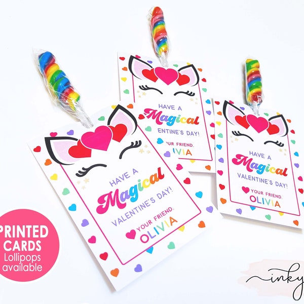 Unicorn Valentine Cards Lollipop, PRINTED Unicorn Valentine's Day Card for Kids, Magical Rainbow Classroom School Non Candy Free for Girls