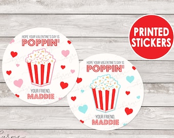 Popcorn Valentine Stickers, PRINTED Kids Valentine's Day Poppin Popcorn Bag Stickers for Kids, Treat Bag Labels, School Non Candy Free