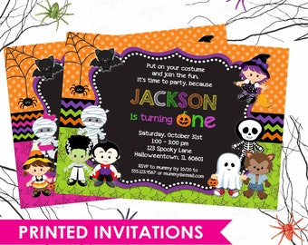 Halloween 1st Birthday Invitation, PRINTED Halloween Party Invitation for Kids Boy or Girl Costume Theme Chalkboard First