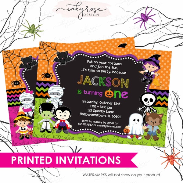 Halloween 1st Birthday Invitation, PRINTED Halloween Party Invitation for Kids Boy or Girl Costume Theme Chalkboard First