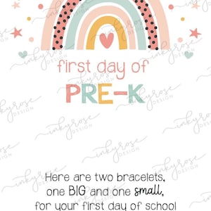 Pulseira do primeiro dia pré-K para impressão, download instantâneo, pré-escola, volta às aulas, mamãe e eu, coração, arco-íris, presente correspondente